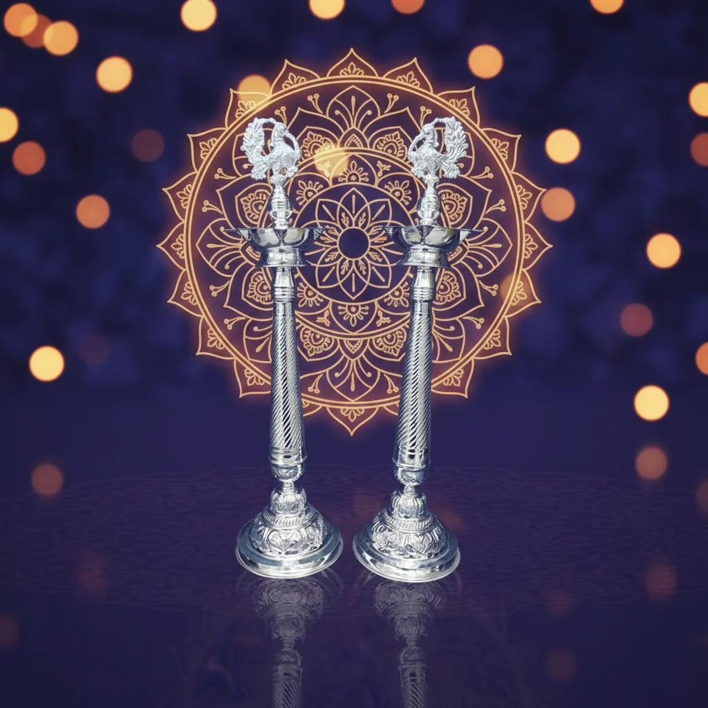 VPH Gift Store Elegant 30 Inch Diyas in German Silver for Grand Home Decor