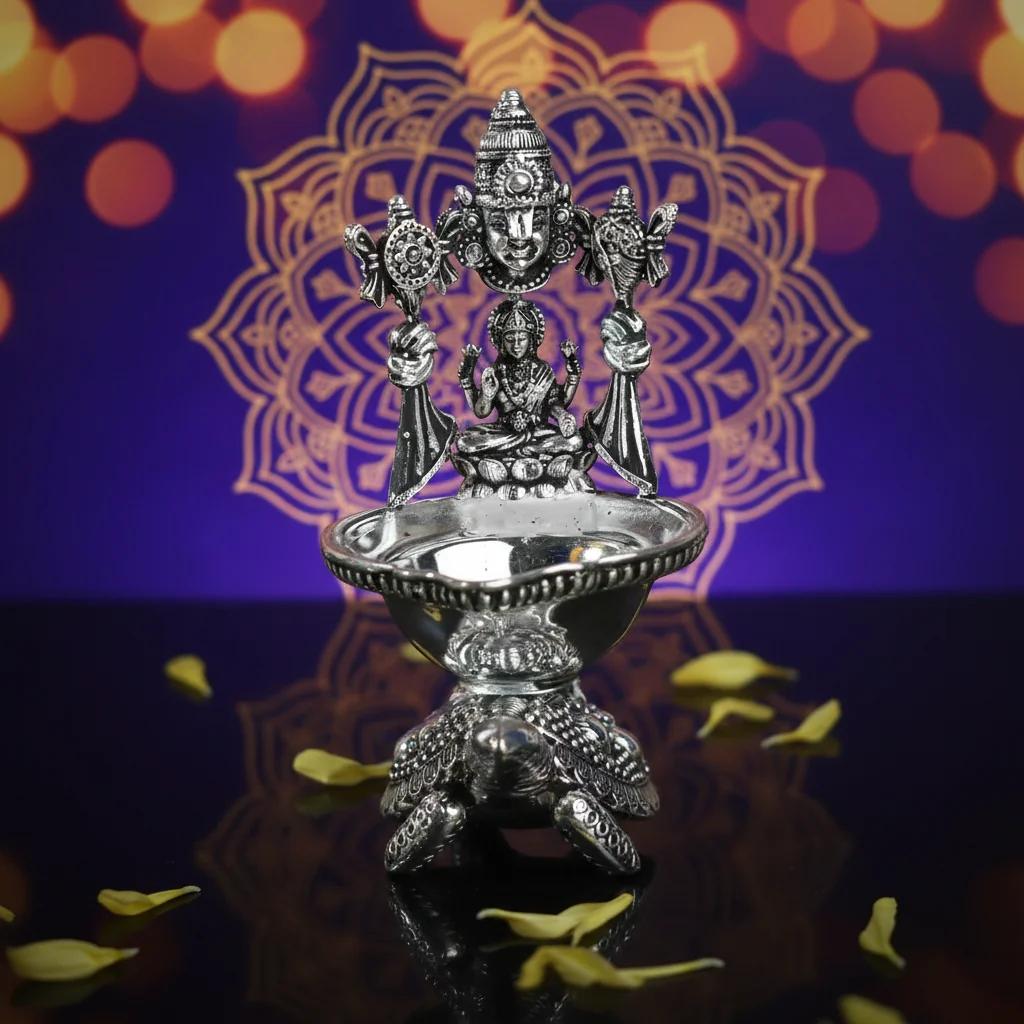 VPH Gift Store Elegant German Silver Tortoise Balaji Lakshmi Deepam for Religious and Festive Use