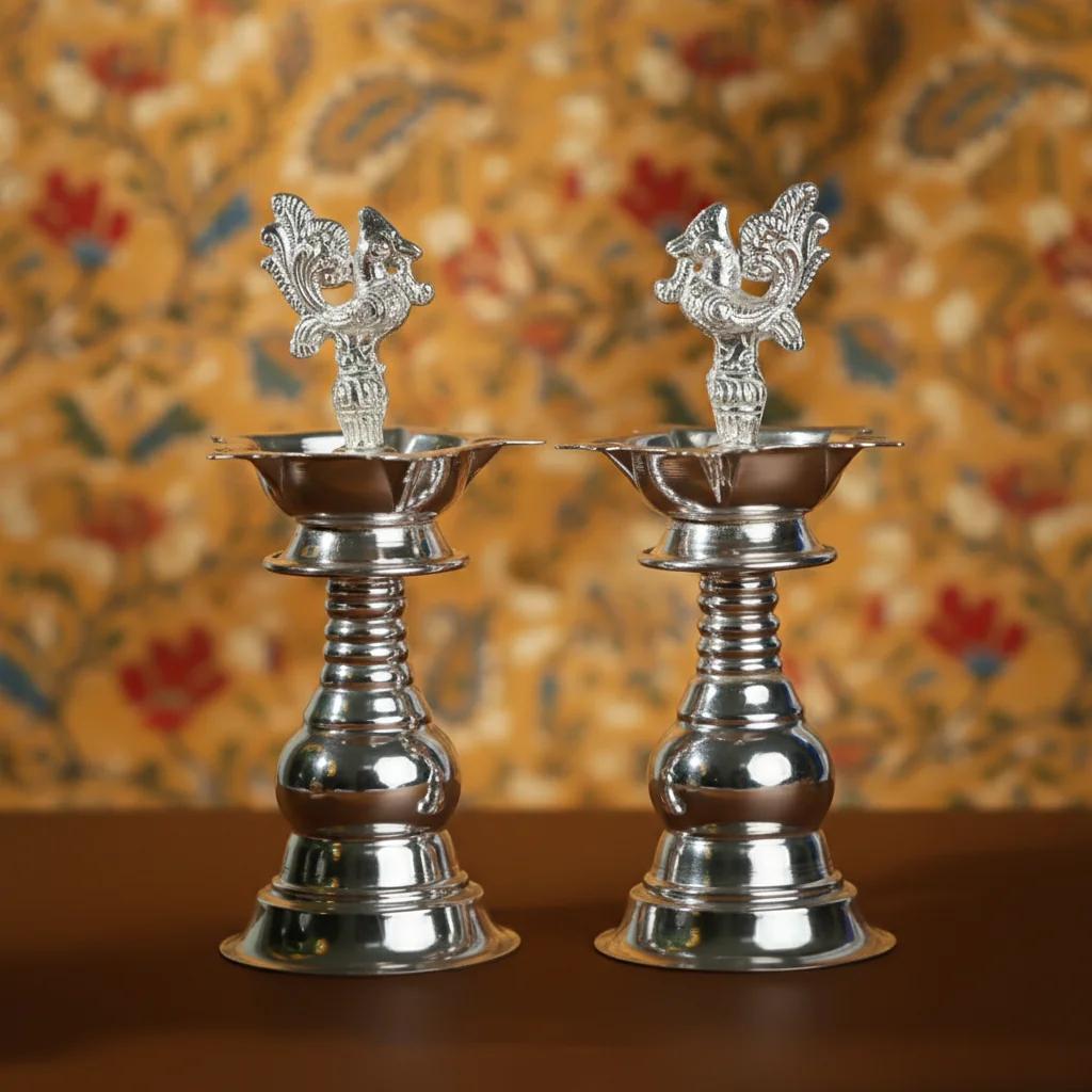 VPH Gift Store Elegant 7 Inch Plain Diyas in German Silver for Pooja