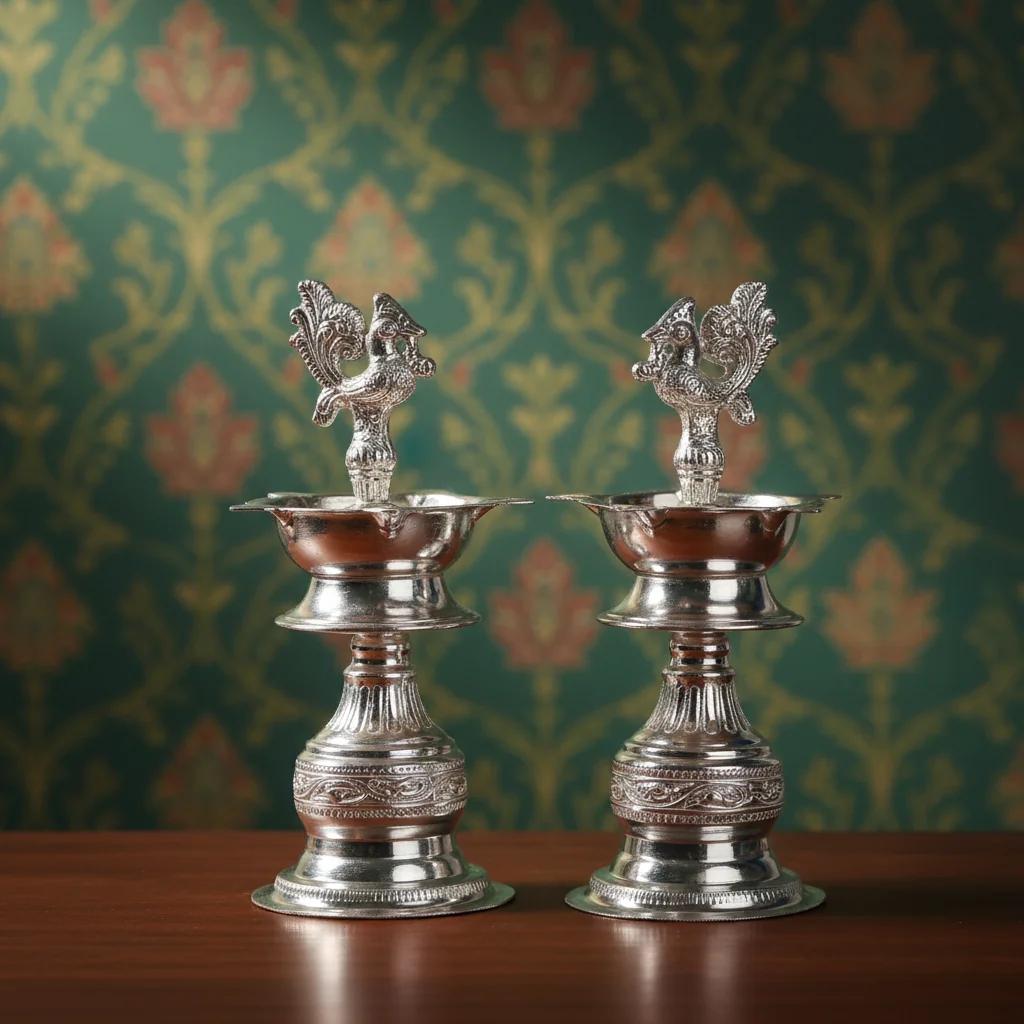 VPH Gift Store Elegant 7 Inch Design Diyas in German Silver for Home Decor