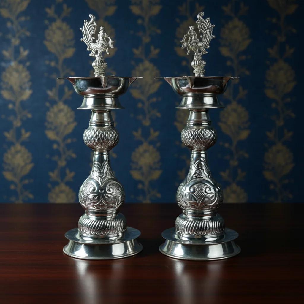 VPH Gift Store Premium 17 Inch Heavy Diyas in German Silver for Pooja and Decor