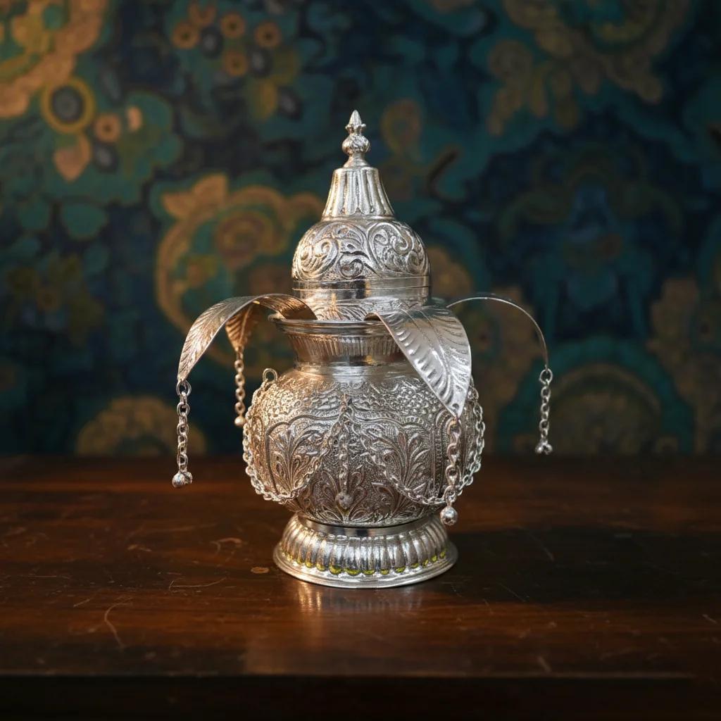 VPH Gift Store Traditional German Silver Kalisam with Coconut Leaf for Pooja