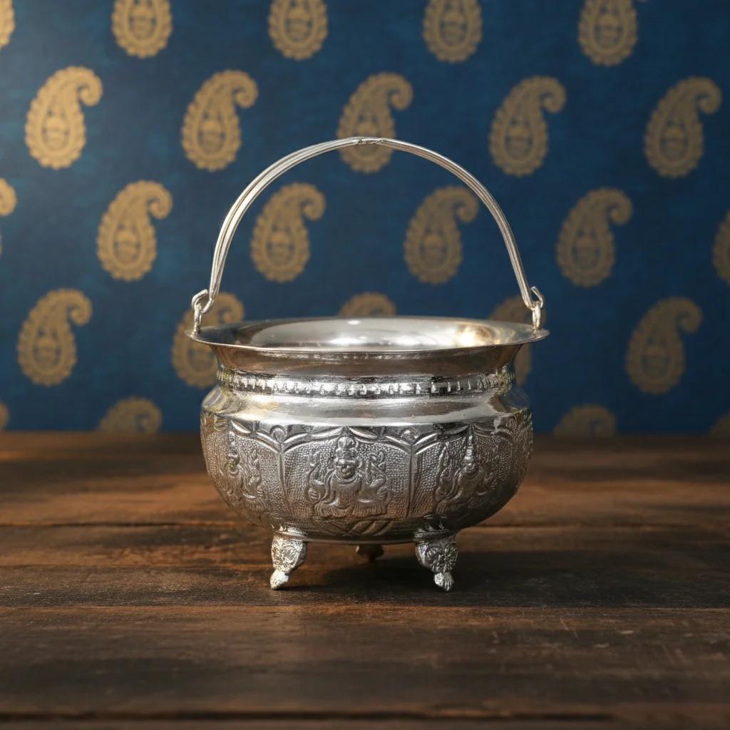 VPH Gift Store Pula Butta Traditional German Silver Basket for Pooja