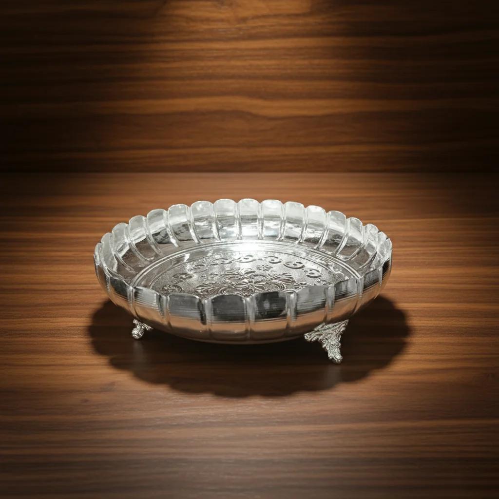 VPH Gift Store Elegant 10 Inch German Silver Lotus Plate for Traditional Pooja