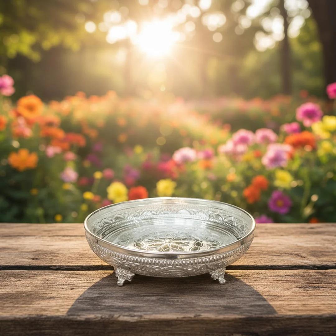 VPH Gift Store German Silver 10 Inch Design Plate for Pooja and Decor