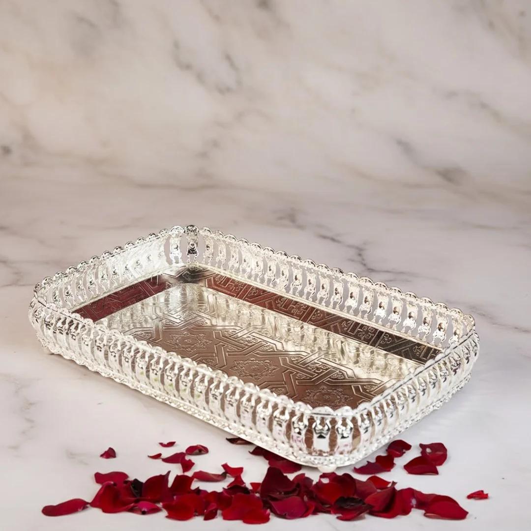 VPH Gift Store Elegant German Silver Rectangle Tray for Home Décor and Pooja Rituals