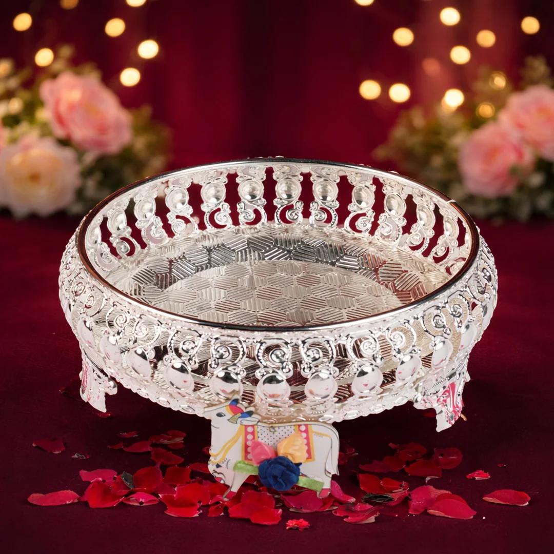 VPH Gift Store German Silver 8-Inch Tray Heavy Quality for Pooja Room and Gifting Occasions