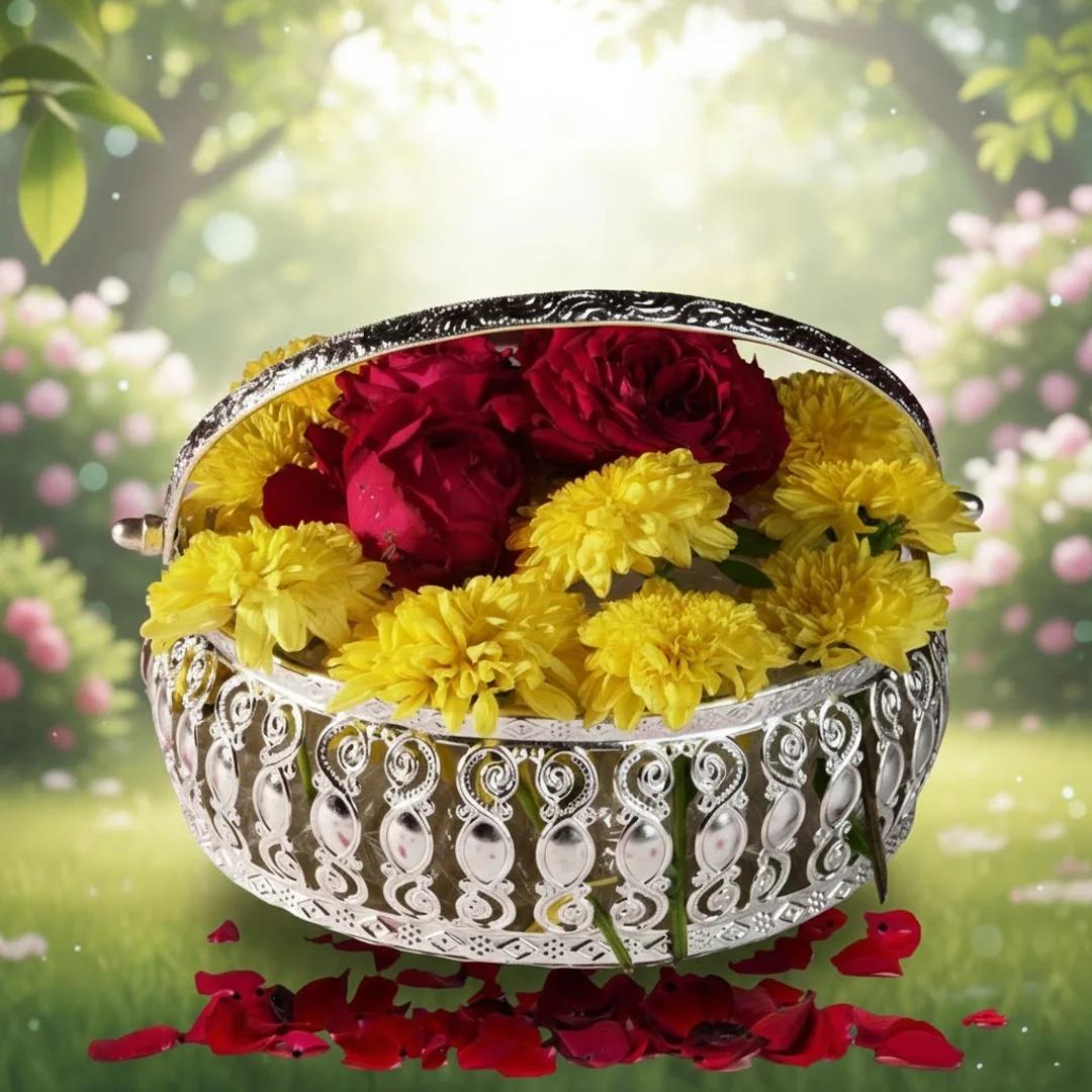 VPH Gift Store German Silver 6-Inch Tray Premium Quality for Pooja and Decor