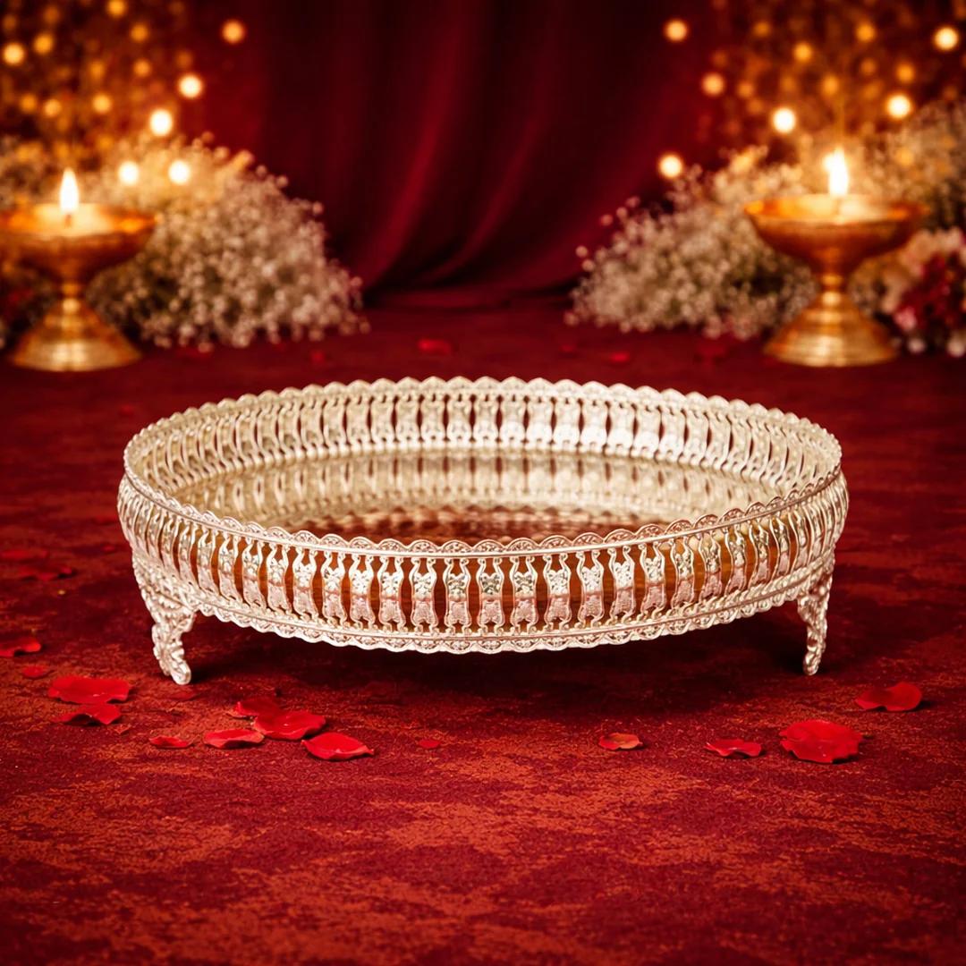VPH Gift Store Premium 10 Inch German Silver Tray for Gifting and Pooja Rituals