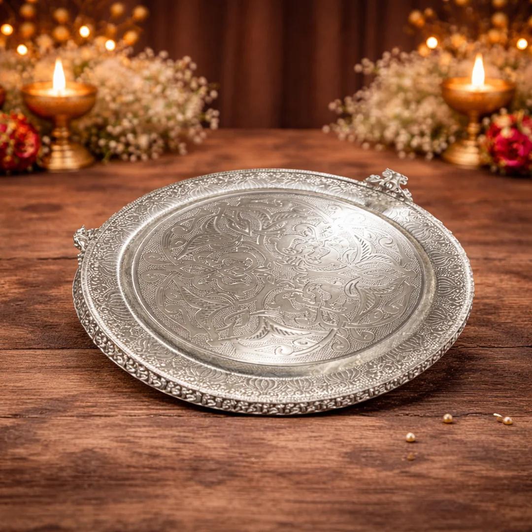VPH Gift Store 10 Inch German Silver Tray Design for Religious Use and Spiritual Rituals