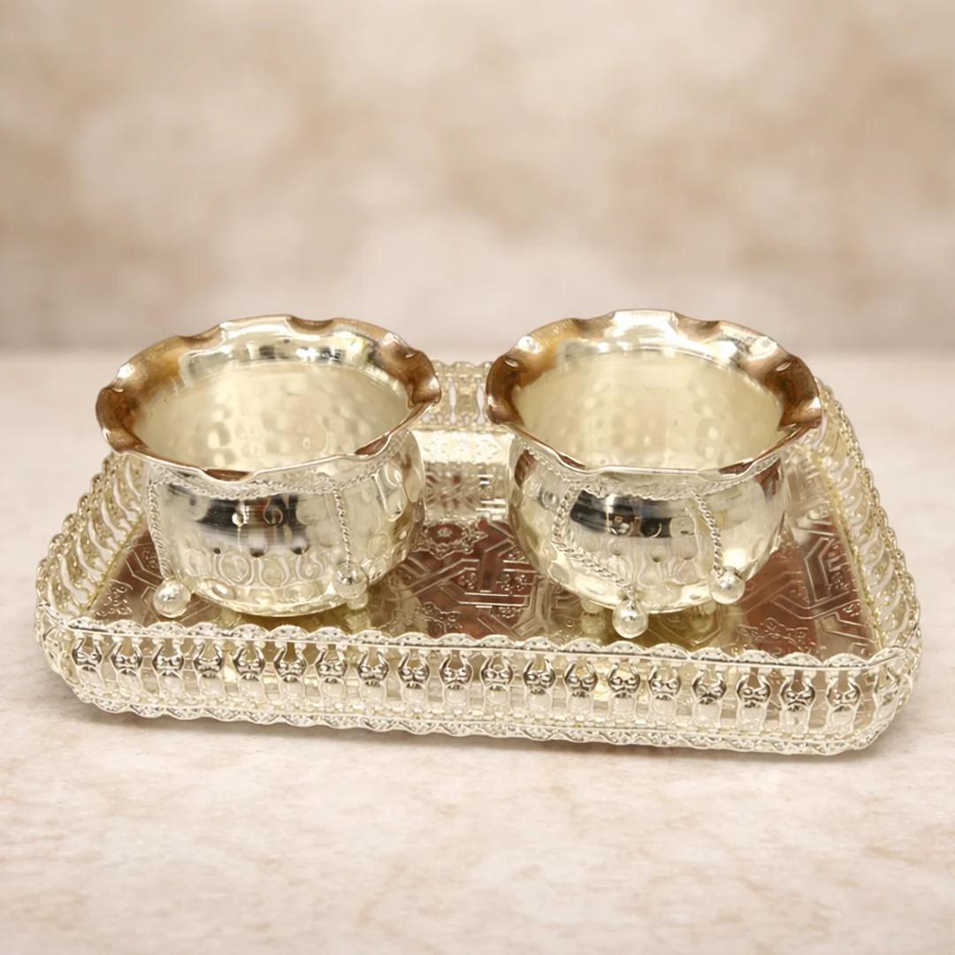 VPH Gift Store German Silver Tray & Thread Bowls Elegant 11” Set for Pooja and Decor