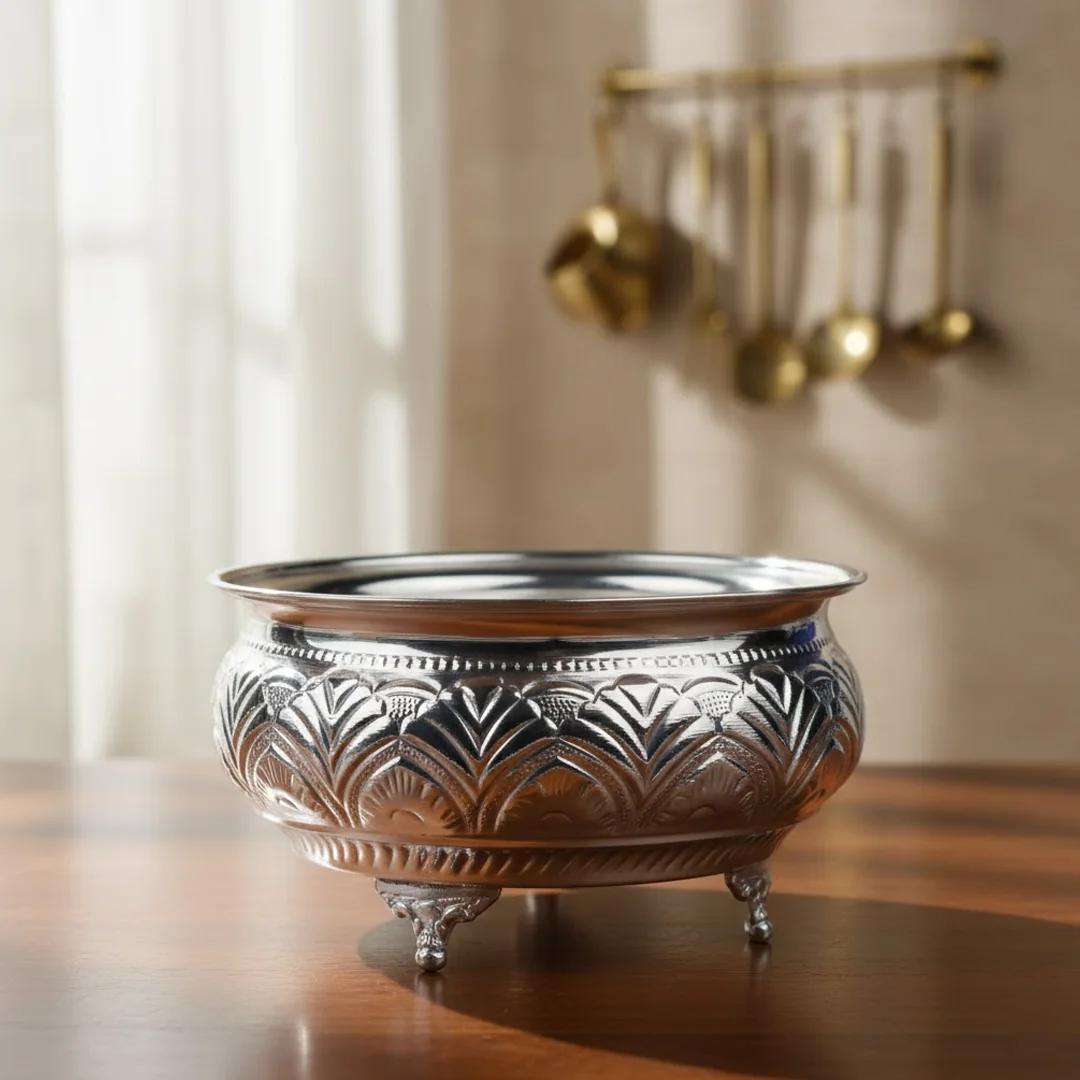 VPH Gift Store Elegant 8 Inch Prasadam Bowl in German Silver for Pooja