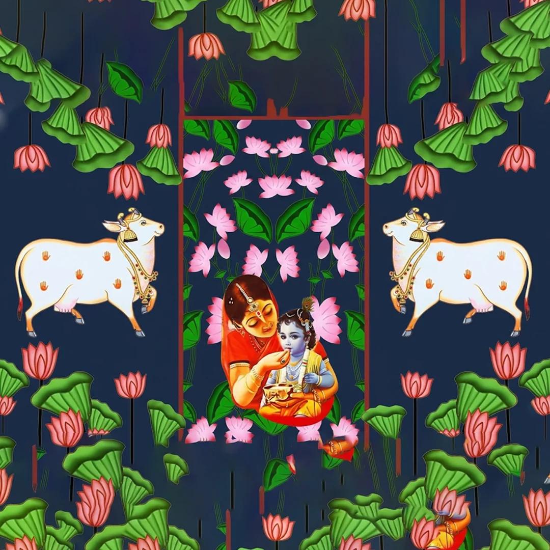 VPH Gift Store Krishna and Gomatha Design Backdrop for Festivals