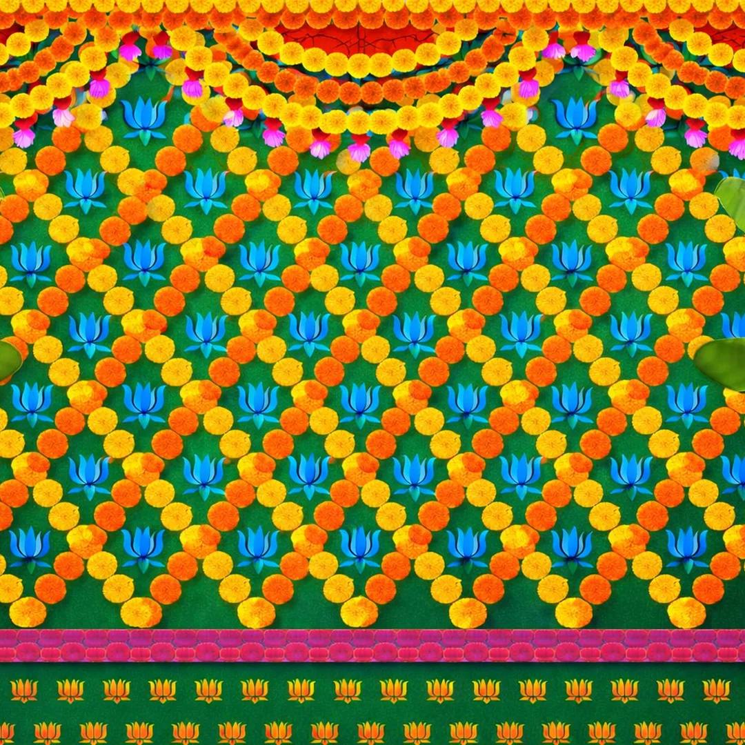 VPH Gift Store Banana Leaf Design Backdrop with Marigold & Lotus Flowers