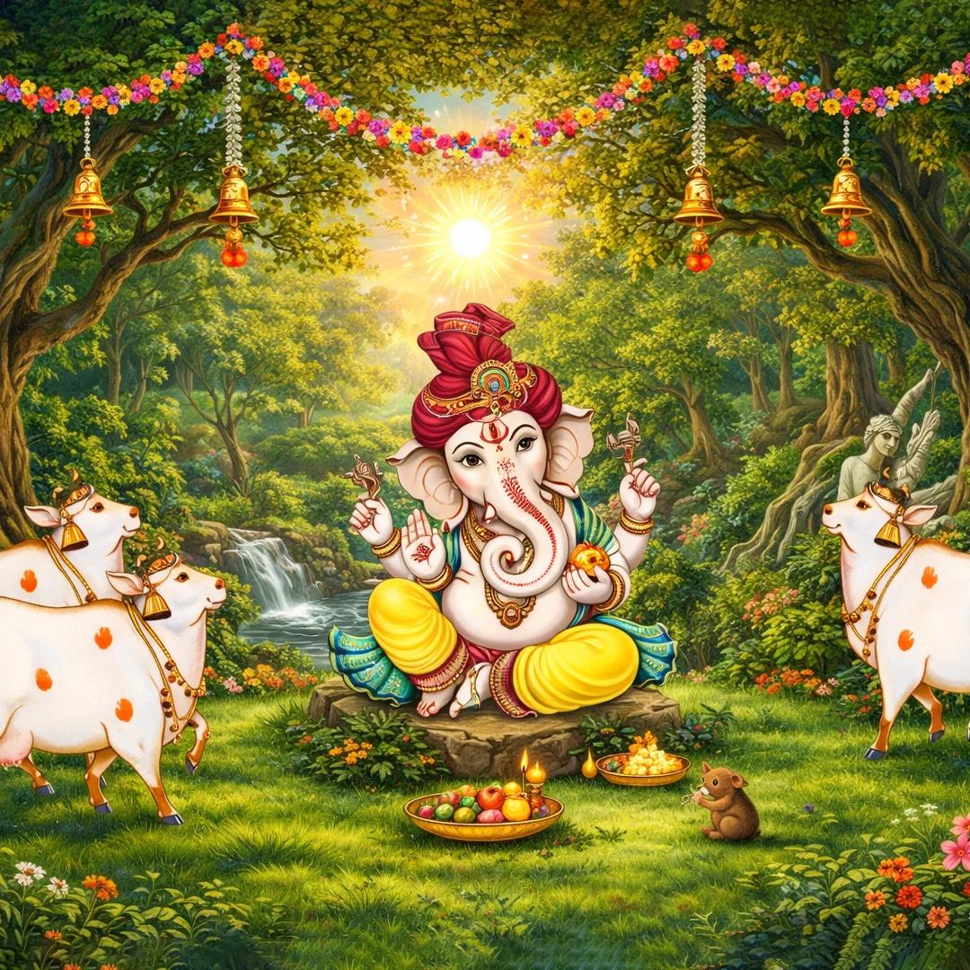 VPH Gift Store Coconut Leaf Backdrop with Ganesh and Gomatha Design