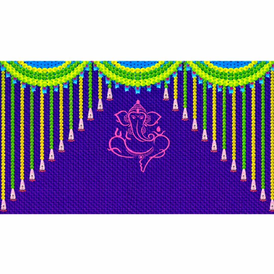 VPH Gift Store Green Coconut Leaf Backdrop with Ganesh & Marigold Flowers