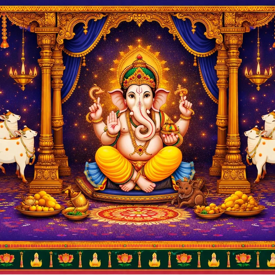 VPH Gift Store Ganesh Gomatha Motif on Blue & Yellow Backdrop