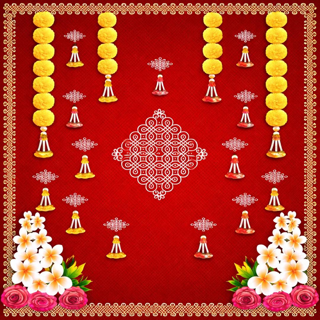 VPH Gift Store Green Backdrop with Muggu and Hanging Yellow Flowers