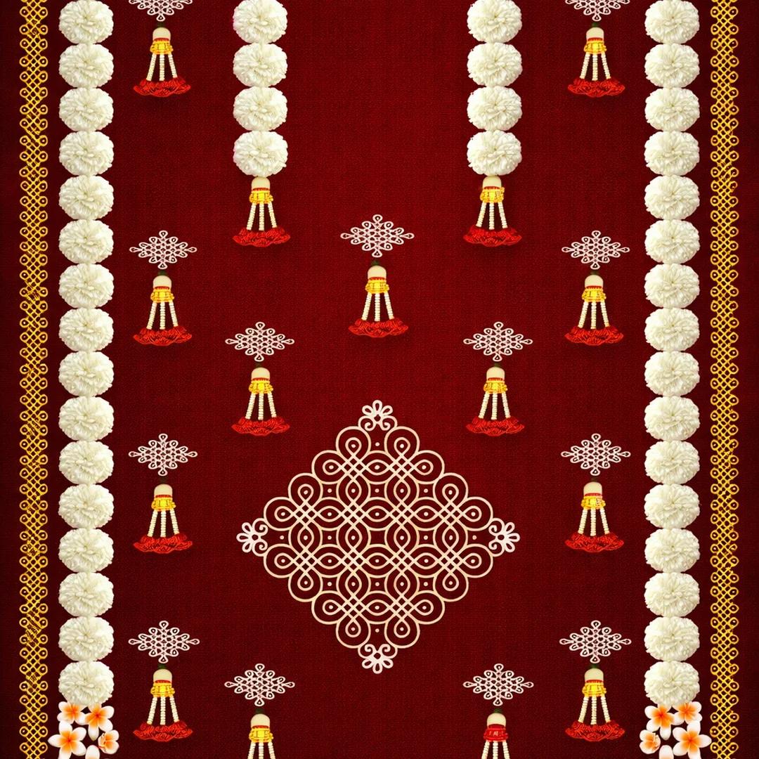 VPH Gift Store Muggu and Yellow Flower Hangings on Green Backdrop (5x8 Ft)