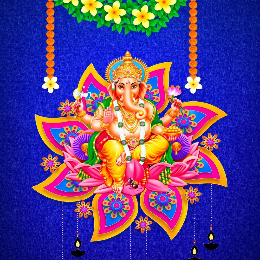 VPH Gift Store Yellow Pooja Backdrop with Ganesh and Floral Motifs (5x8 Ft)