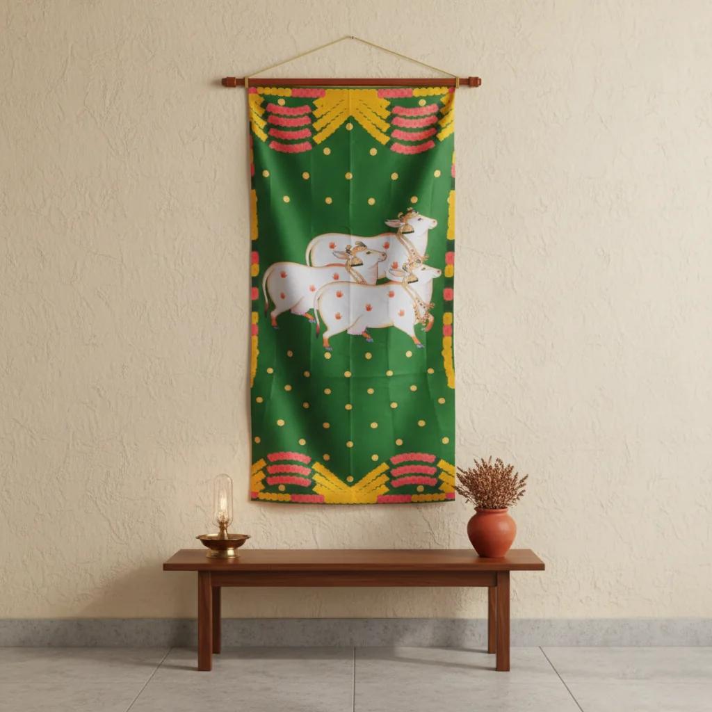 VPH Gift Store Green Gomatha Backdrop for Pooja (5x8 Ft)