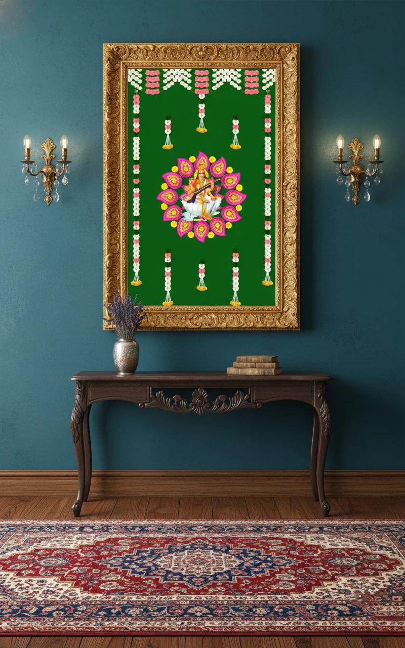 VPH Gift Store Green Saraswati and Flower Design Backdrop (5x8 Ft)