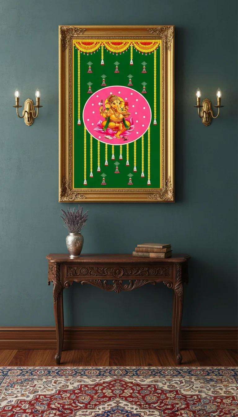 VPH Gift Store Green Ganesh Design for Pooja Backdrop (5x8 Ft)