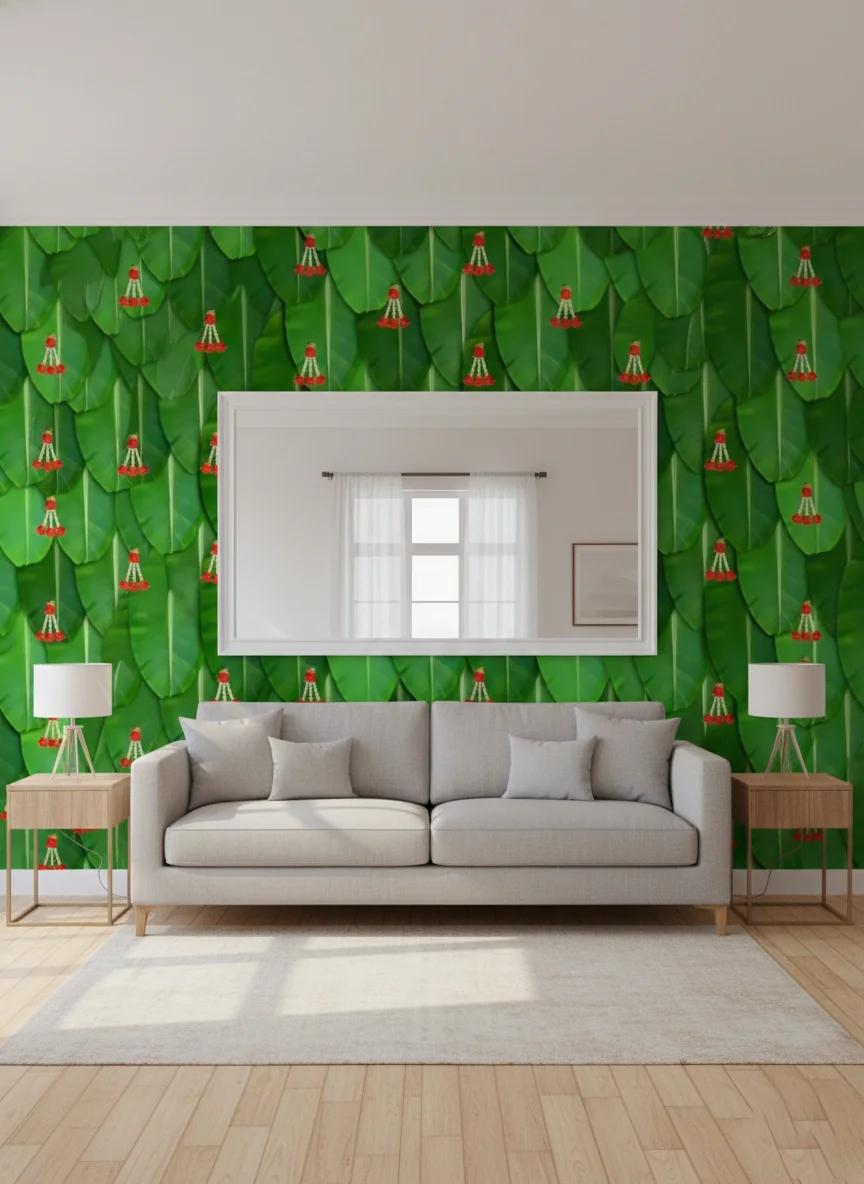 VPH Gift Store Red Flower Hanging Design on Big Banana Leaf Backdrop (5x8 Ft)