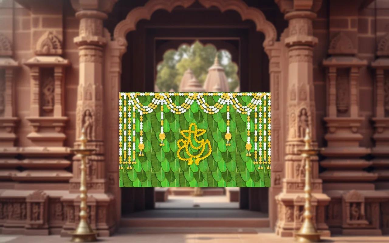 VPH Gift Store Yellow & White Flower Ganesh on Banana Leaf Backdrop (5x8 Ft)