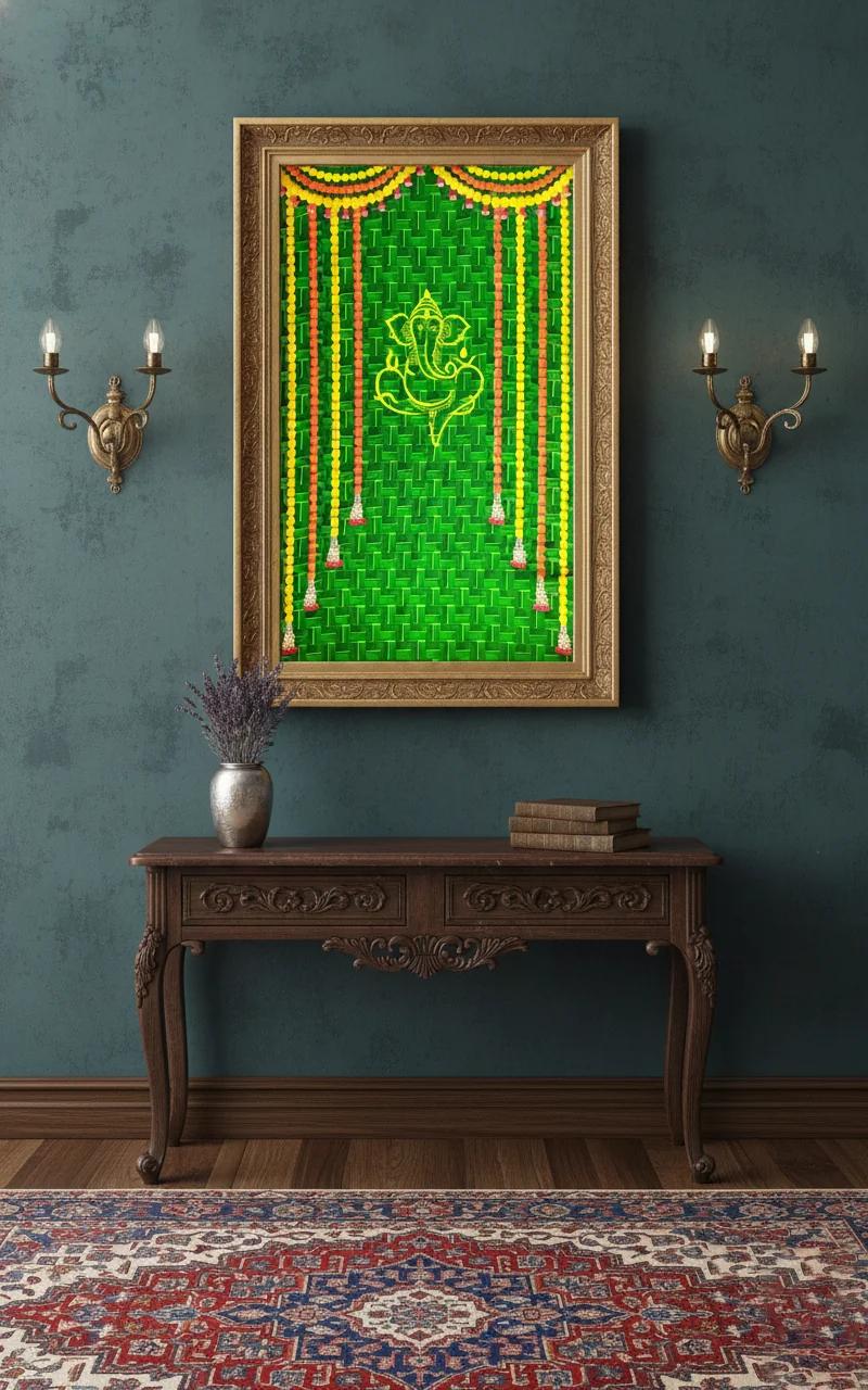 VPH Gift Store Marigold Flowers and Ganesh on Green Coconut Leaf Backdrop (5x8 Ft)