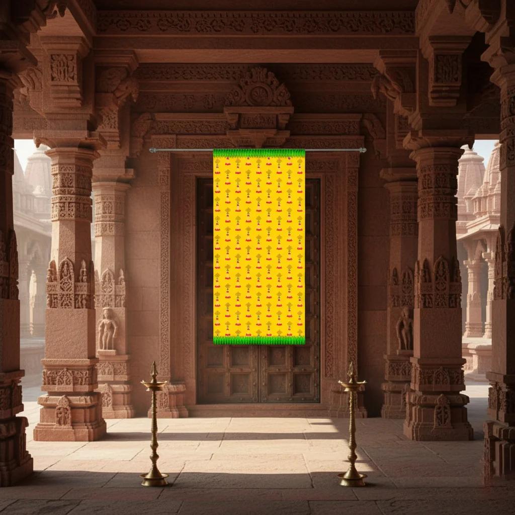 VPH Gift Store Yellow Backdrop with Muggu, Flowers, and Traditional Mavidi Thoranam (5x8 Ft)