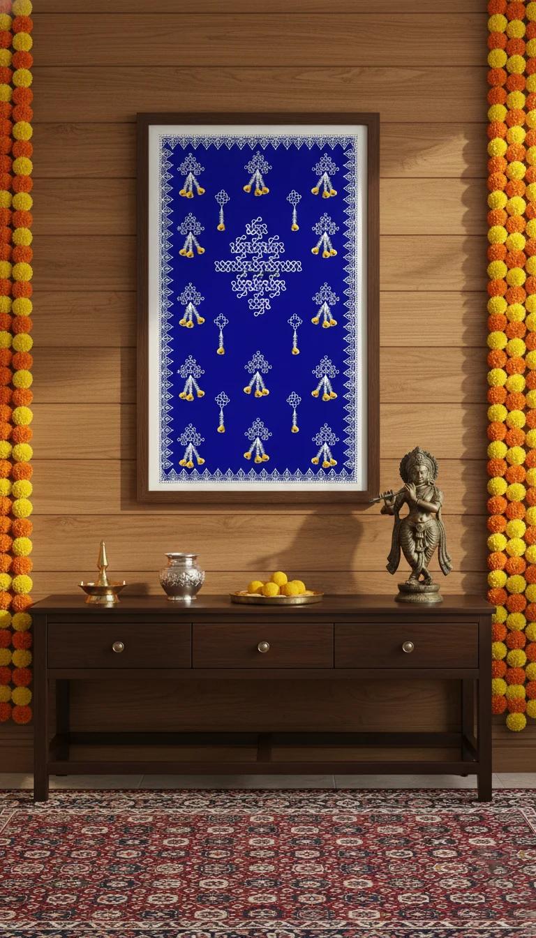 VPH Gift Store Blue Muggu Backdrop with Elegant Flower Hangings (5x8 Ft)