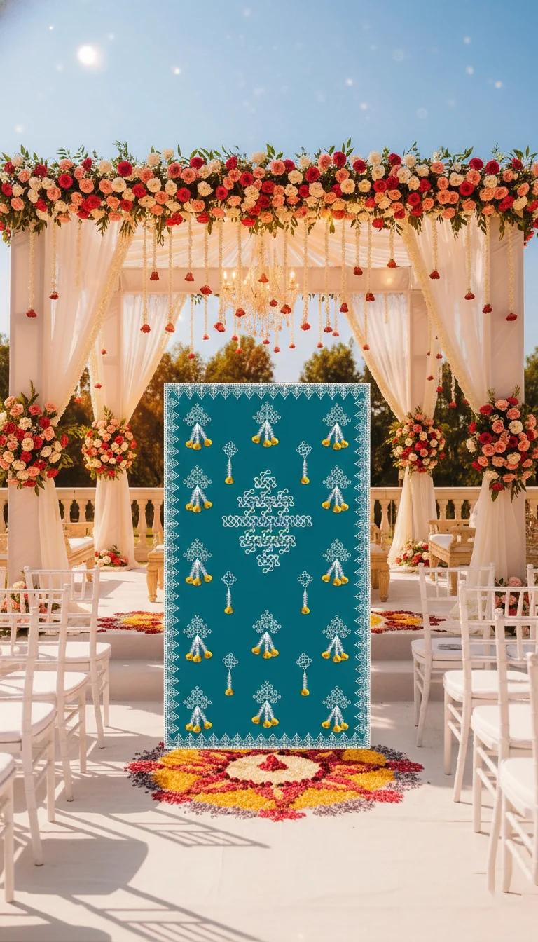 VPH Gift Store Flower Hanging Design on Teal Blue Muggu Backdrop (4x8 Ft)