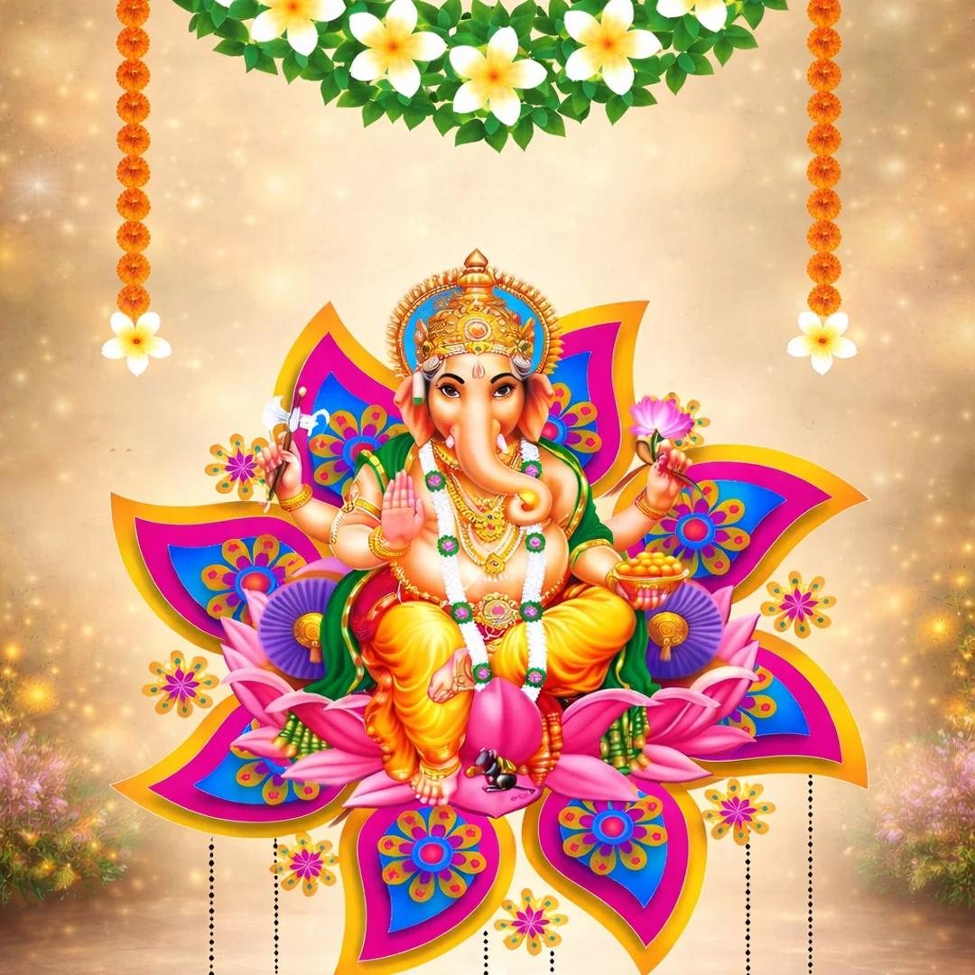 Sri YagnaaGanesh and Flower Design Yellow Backdrop for Religious Ceremonies