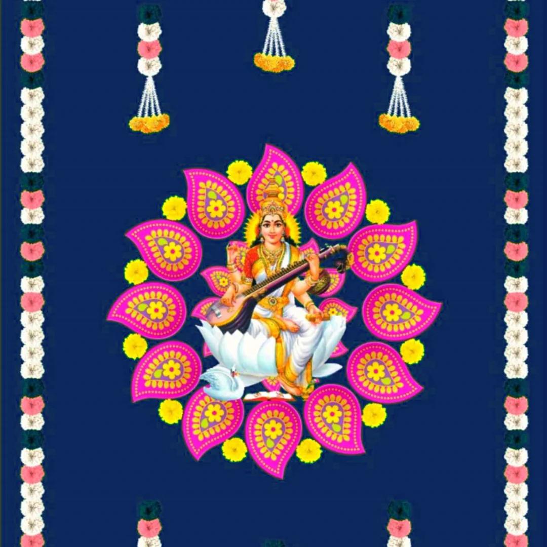 Sri Yagnaa Green Backdrop with Saraswathi & Flower Motifs for Religious Events