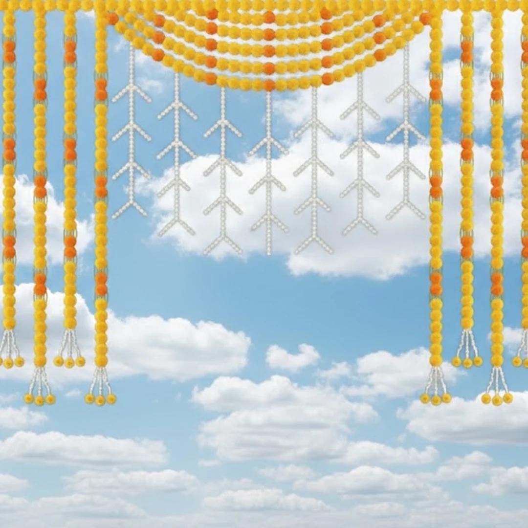 Sri Yagnaa Green Banana Leaf Backdrop with Floral Hanging Designs for Festivals