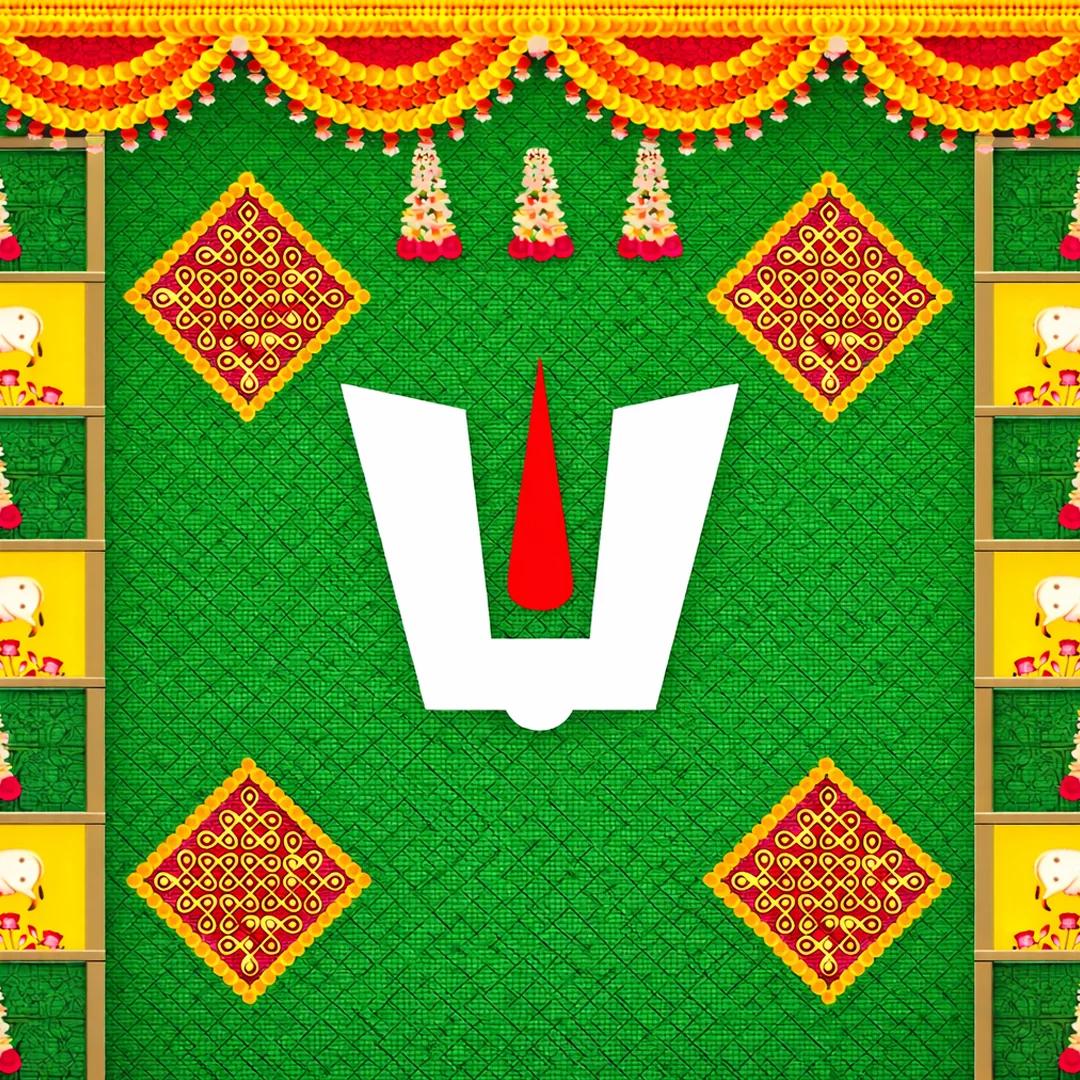 Sri Yagnaa Namam Design with Side Gomatha and Flower Motifs Backdrop for Temple Décor
