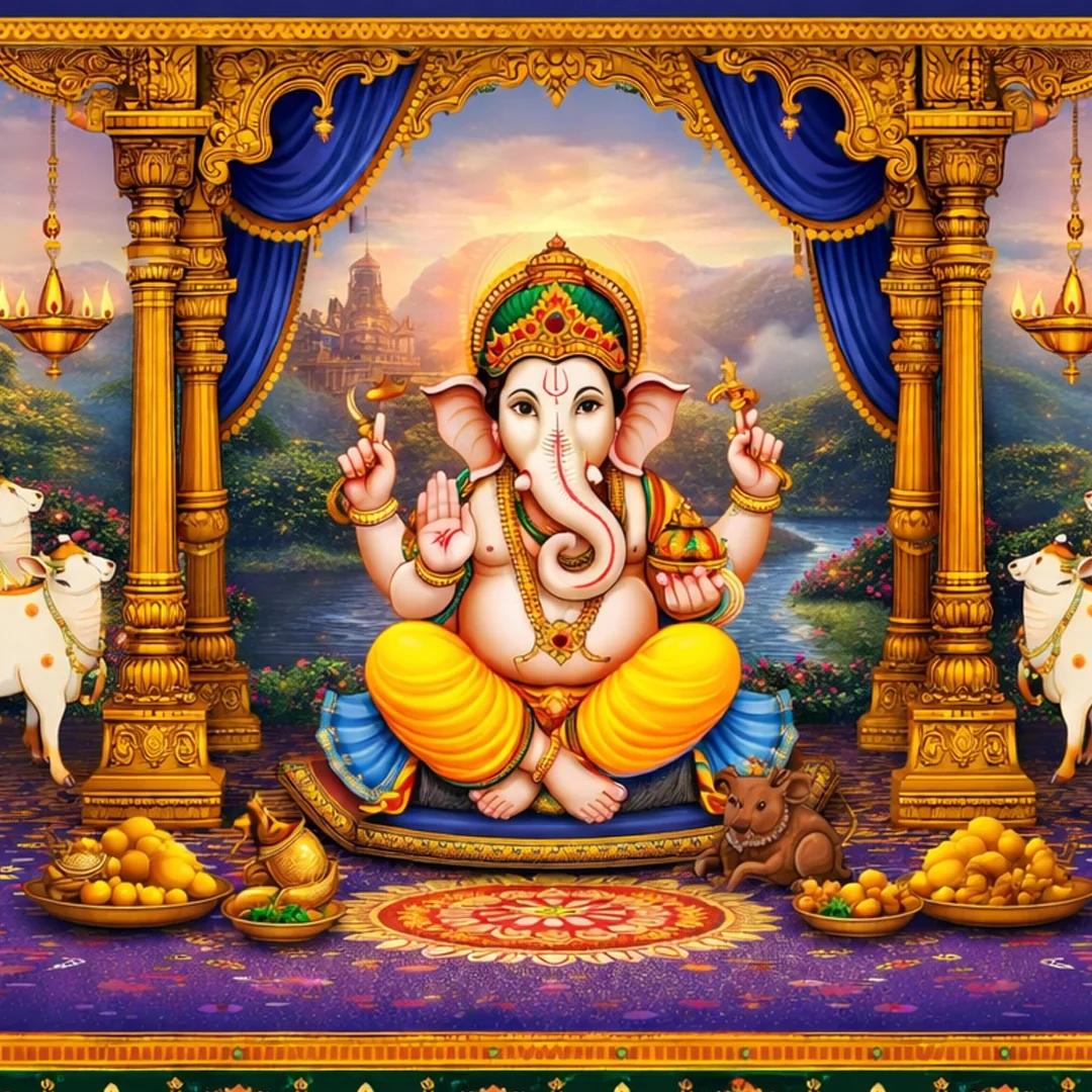 Sri Yagnaa Ganesh and Gomatha Design on Blue and Yellow Backdrop for Temple & Home Décor