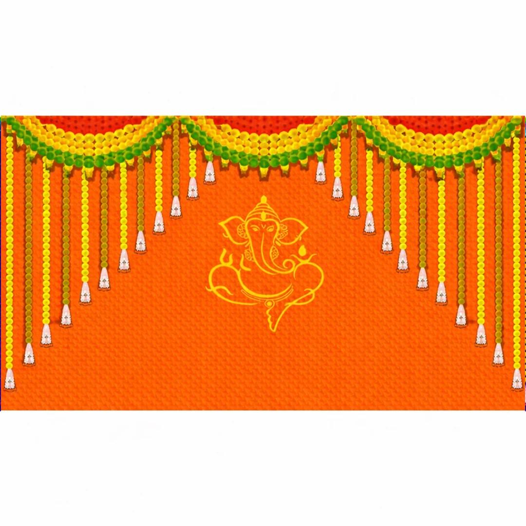 Sri Yagnaa Green Coconut Leaf Backdrop with Ganesh and Marigold Flowers for Temple Decoration