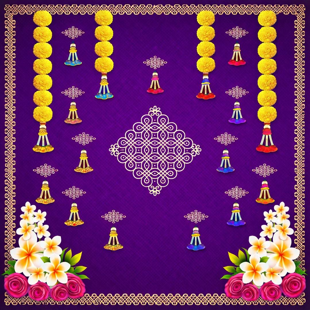 Sri Yagnaa Green Muggu Backdrop with Yellow Floral Hangings (5x8 Ft) for Spiritual & Event Use