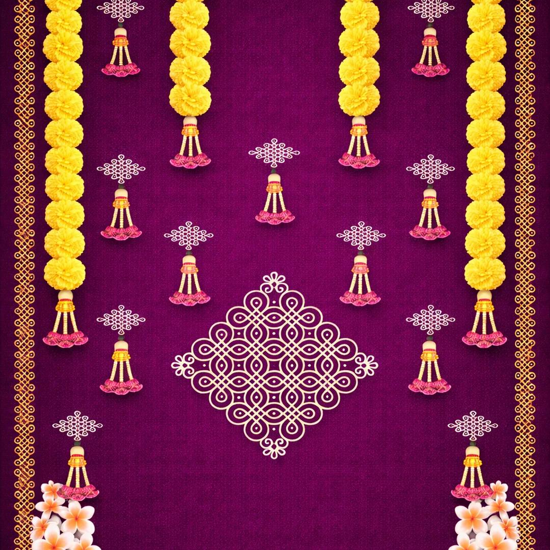 Sri Yagnaa Green Muggu Backdrop with Yellow Floral Hangings (5x8 Ft) for Spiritual & Event Use