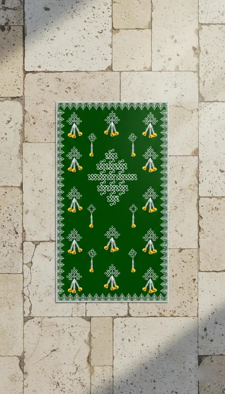 Sri Yagnaa Traditional Green Backdrop with Muggu & Flower Hanging (5x8 Ft) for Religious Use