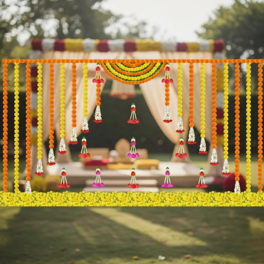 Sri Yagnaa Banana Leaf with Hanging Flower Design Backdrop (5x8 Ft) for Pooja & Home Décor