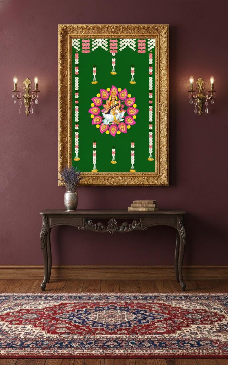 Sri Yagnaa Green Saraswathi & Flower Design Backdrop (5x8 Ft) for Spiritual Events