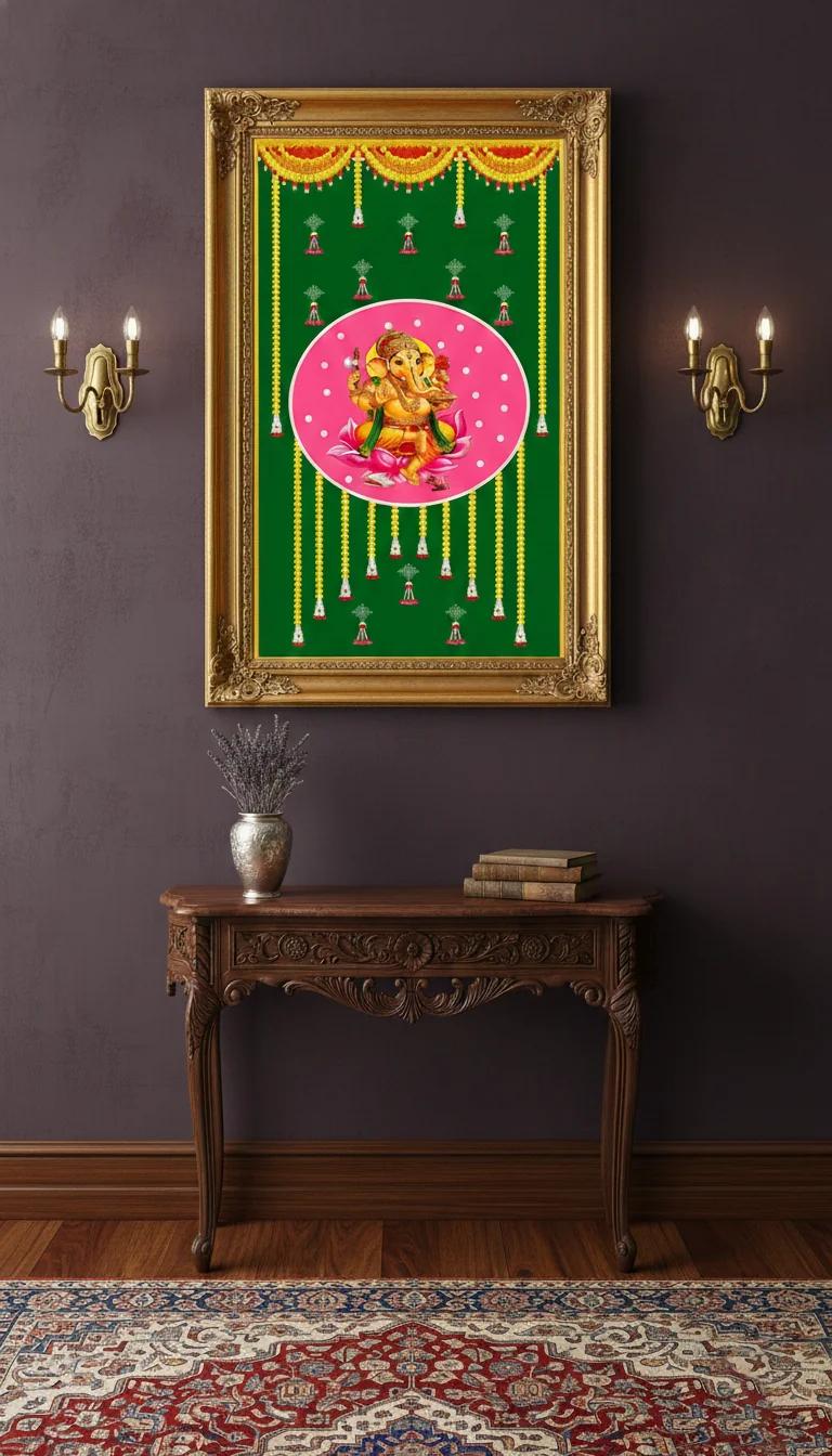 Sri Yagnaa Elegant Green Ganesh Backdrop (5x8 Ft) for Pooja & Festivals