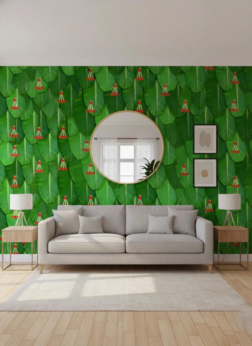 Sri Yagnaa Red Flower Hangings on Big Banana Leaf Backdrop (5x8 Ft) for Pooja & Home Décor