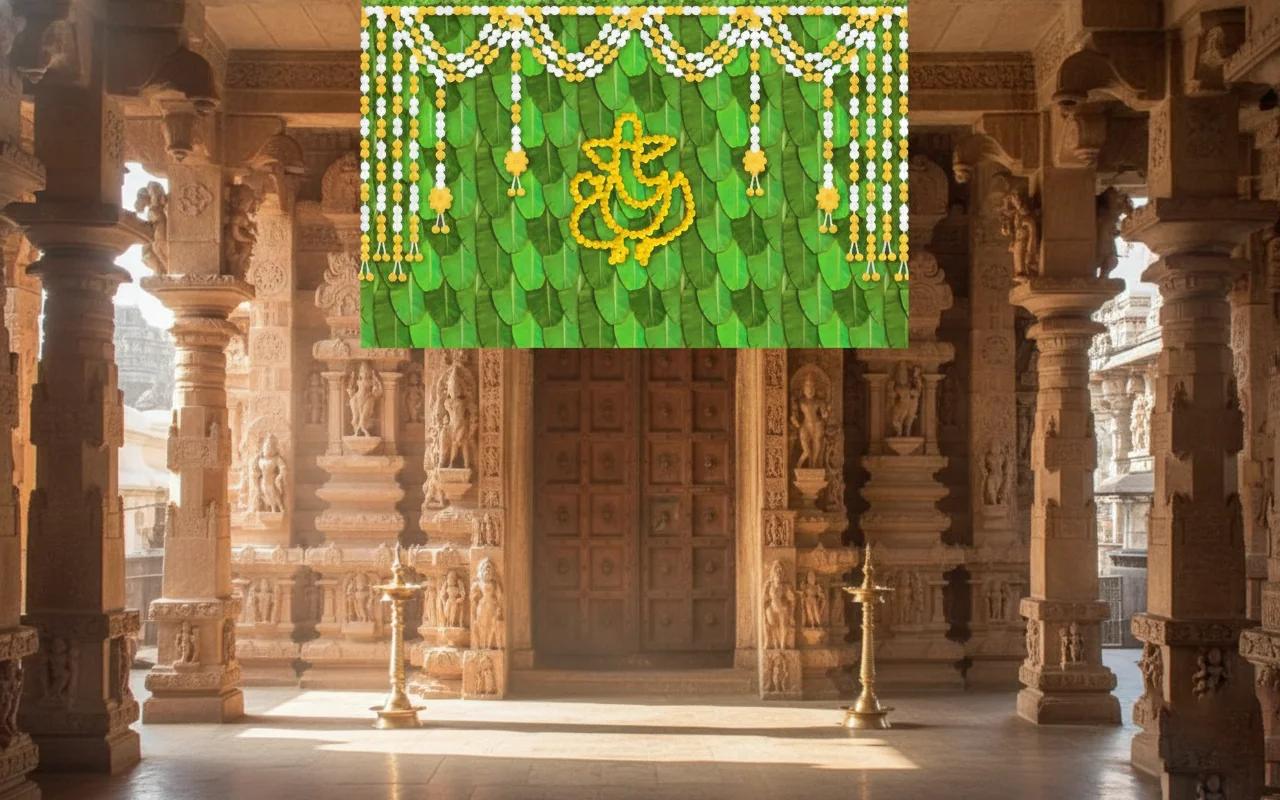 Sri Yagnaa Elegant Ganesh and Banana Leaf Design Backdrop (5x8 Ft) with Yellow & White Flowers