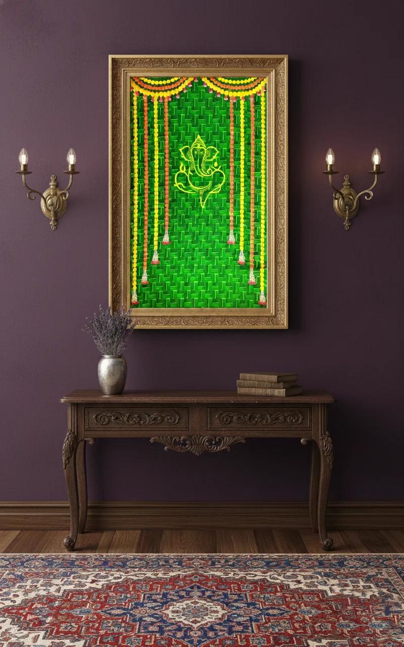 Sri Yagnaa Elegant Ganesh Design on Green Coconut Leaf with Marigold Flowers Backdrop (5x8 Ft)