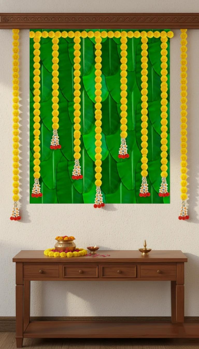 Sri Yagnaa Yellow Flower Hanging Big Banana Leaf Backdrop (5x8 Ft) for Religious Ceremonies