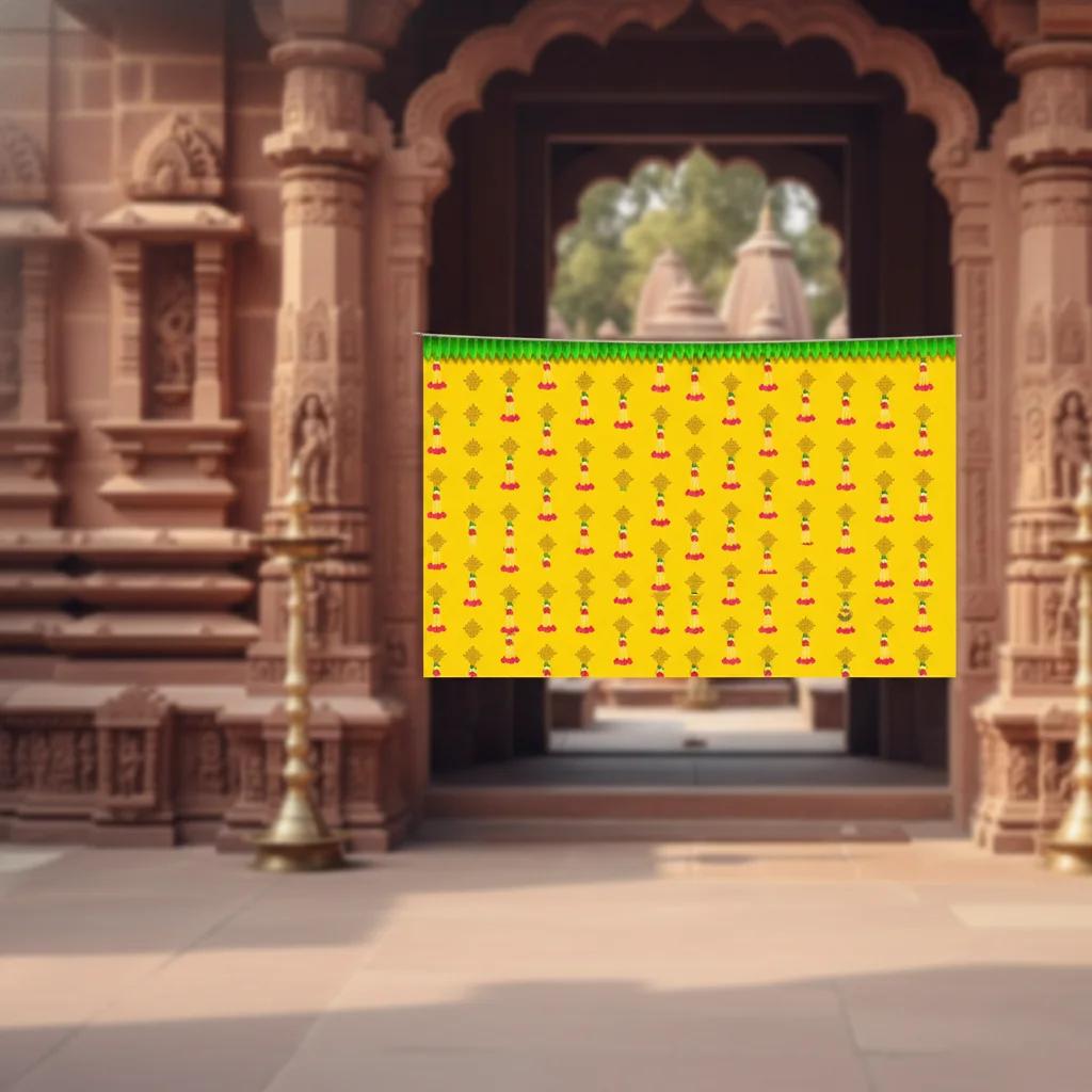 Sri Yagnaa Mavidi Thoranam Design with Yellow Muggu & Flower Hangings Backdrop (5x8 Ft)